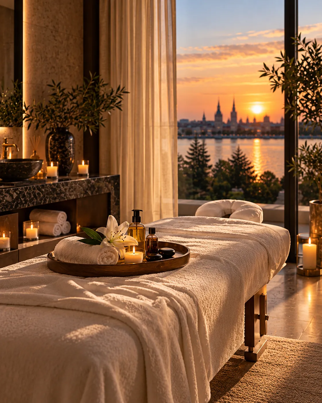 Eine Massageliege am Fenster, davor ein Holztablett mit Massageöl, einer Lilie und einer Kerze, daneben gerollte Handtücher. Draußen geht die Sonne über dem Wasser unter.