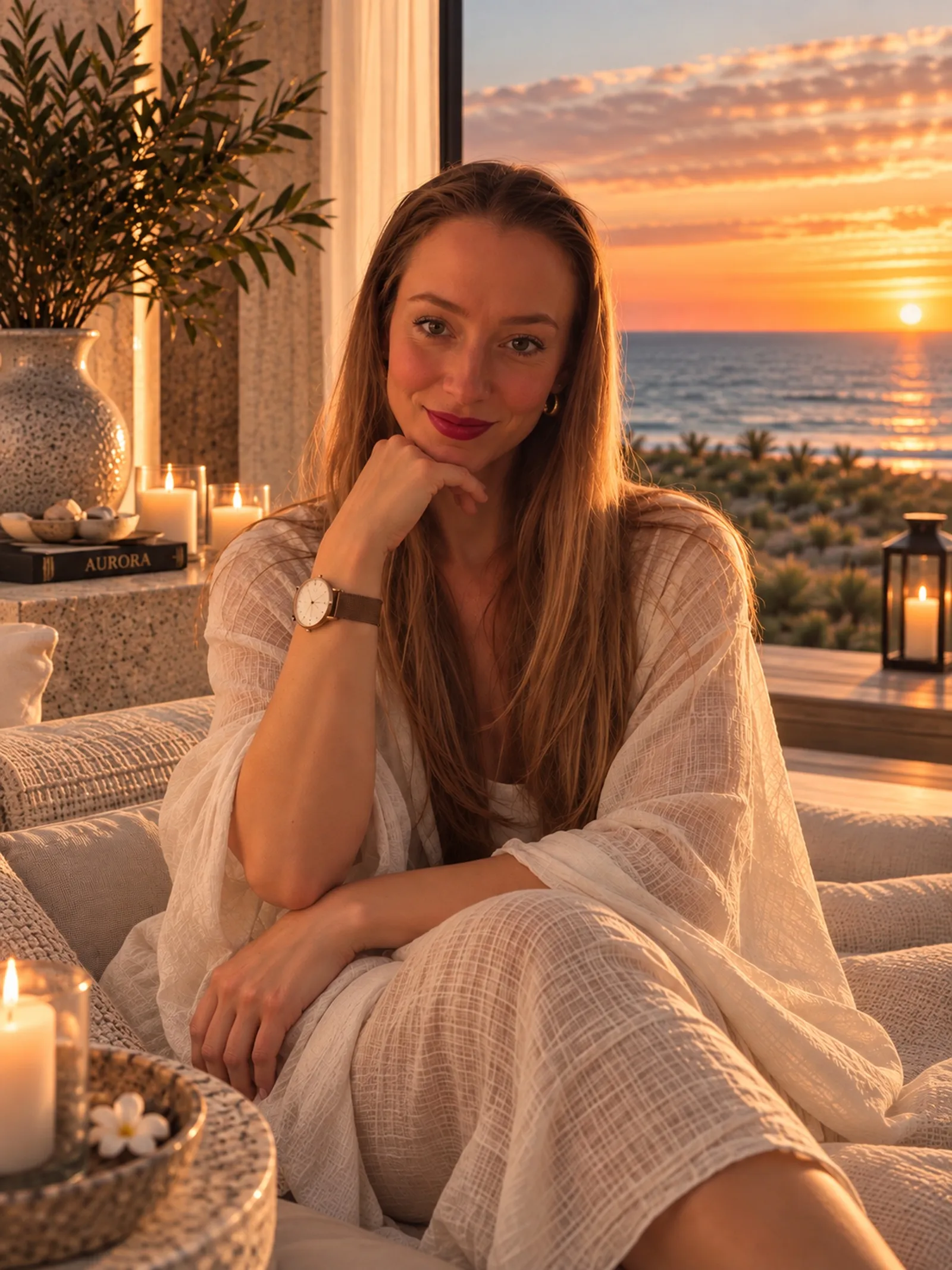 Marie, die hinter Aurora steht, sitzt im hellen Leinenhemd auf einem Sofa, den Kopf auf die Hand gestützt, und blickt in die Kamera. Hinter ihr geht die Sonne über dem Meer unter.